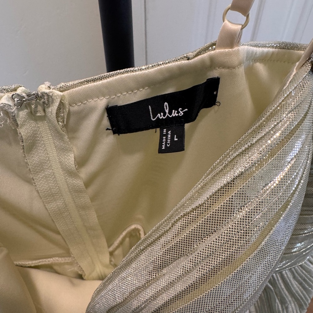 Lulu's Metallic Silver Pleated Bustier Mini Dress with Pearl-Strap Detail - Picture 6 of 6